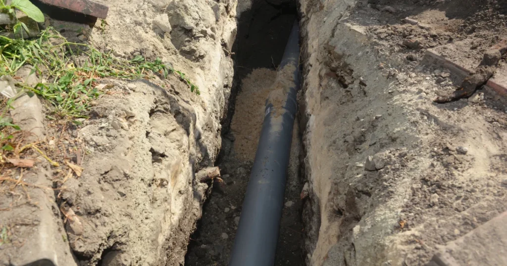 Exposed sewer pipe running through a trench, illustrating a sagging sewer line that can cause recurring backups.