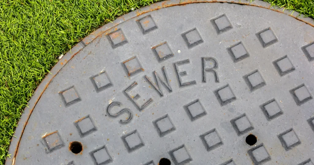 Close-up of a sewer access cover surrounded by grass, illustrating a broken sewer line and potential pest problems.