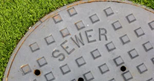 Close-up of a sewer access cover surrounded by grass, illustrating a broken sewer line and potential pest problems.