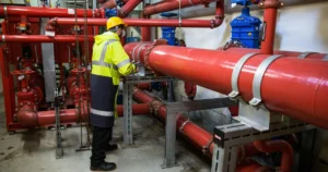 Plumber inspecting commercial plumbing pipes and valves in a mechanical room, illustrating routine commercial plumbing maintenance.